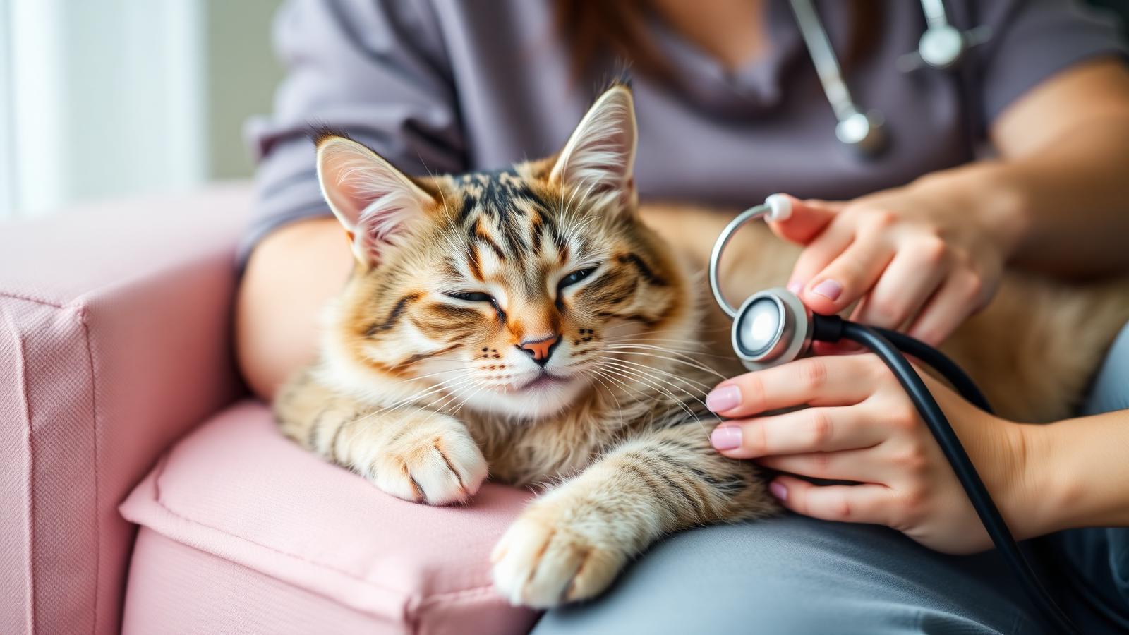 Gato relaxado no sofá durante atendimento veterinário domiciliar